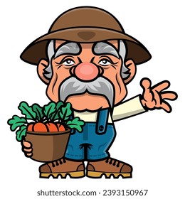 Cartoon illustration of Old farmer harvesting vegetables and storing in basket. Best for sticker, logo, and mascot with agriculture themes