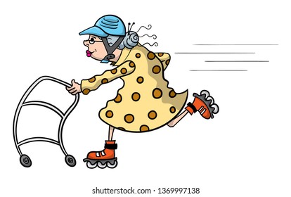 Cartoon illustration of an old lady speeding along with her walker and a set of rollerblades