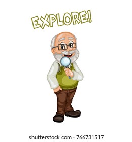 Cartoon Illustration of an Old Male Teacher Holding Magnifying Glass
