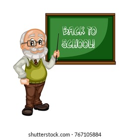 Cartoon Illustration of an Old Male Teacher with a Pointer and Chalkboard