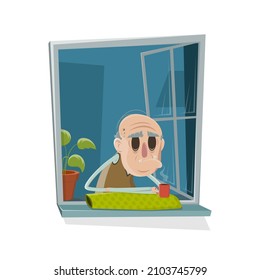 cartoon illustration of an old man looking out from a window