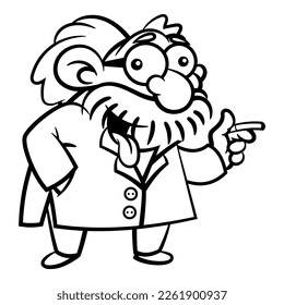 Cartoon illustration of Old professor wearing laboratory coat and smoking cigarette. Best for outline, logo, and coloring book with university themes