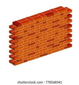 Cartoon illustration - old red brick wall in isometric view. Building material.