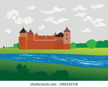 Cartoon illustration with an old terra cotta castle on the river bank on a warm summer cloudy day