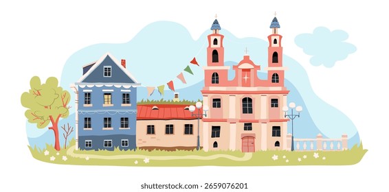 Ilustración de dibujos animados de la ciudad vieja en estilo plano. Paisaje urbano con casas y árboles.