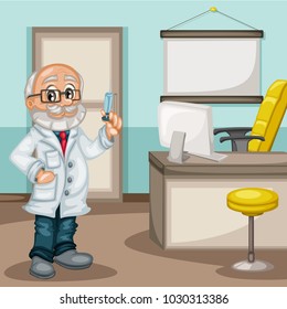 Cartoon Illustration of an Old Wise Doctor Holding a Syringe in His Office