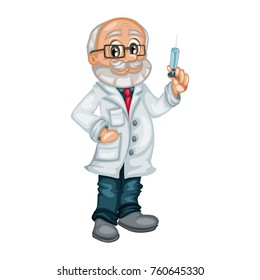 Cartoon Illustration of an Old Wise Doctor Holding a Syringe 