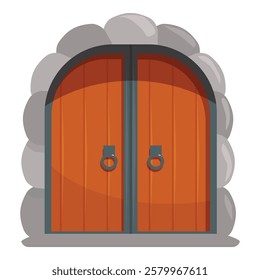 Cartoon illustration of an old wooden dungeon gate with a stone archway, perfect for video game asset