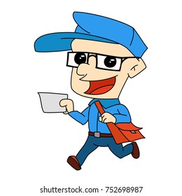 cartoon illustration on the subject of postal delivery of letters, the postman is running happily