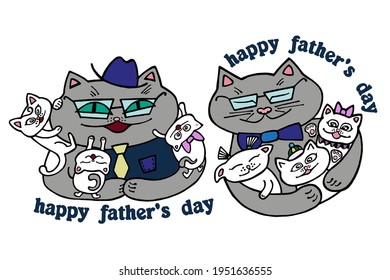 Cartoon illustration on the theme of Happy Father's Day. Gray cat and white kittens on a white background.