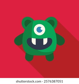 Cartoon illustration of a one eyed green smiling monster with two teeth, isolated on a red background with long shadow 