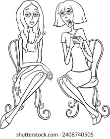 Cartoon illustration of one woman gossiping to another bored woman coloring page