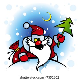 cartoon illustration of a onetooth smiling santa with fir