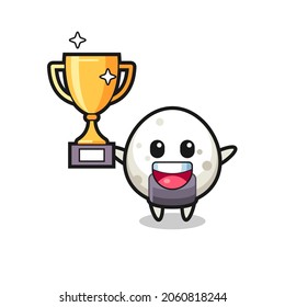 Cartoon Illustration of onigiri is happy holding up the golden trophy , cute style design for t shirt, sticker, logo element