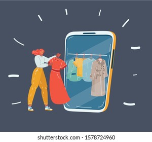 Cartoon illustration of Online shopping woman. Girl buy new dress with her big smartphone. Human character on dark background.