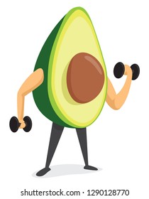 Cartoon illustration of open avocado training with small weights