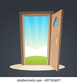 Cartoon illustration of the open door and a view on a field.