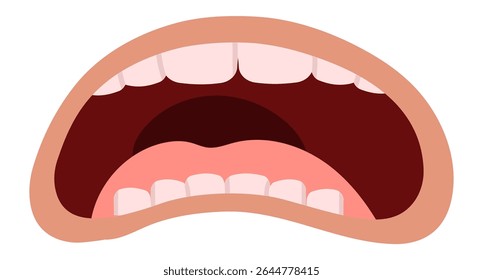 Cartoon illustration of an open mouth shouting, showing tongue and teeth, expressing negative emotions such as anger, surprise, fear or pain, isolated on white background