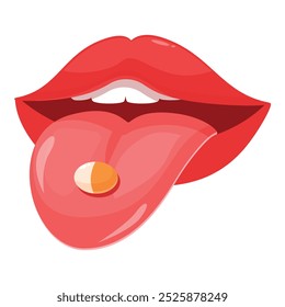 Cartoon illustration of open mouth with tongue sticking out holding pill with teeth