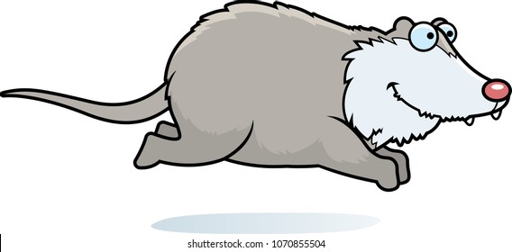 A cartoon illustration of a opossum smiling and running.