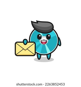 cartoon illustration of optical disc holding a yellow letter , cute style design for t shirt, sticker, logo element