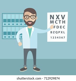 Cartoon illustration of an optician pointing to eye test.