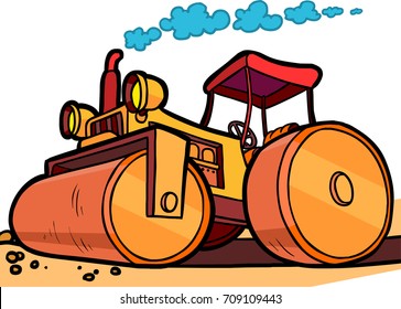 Cartoon illustration of an orange asphalt compactor