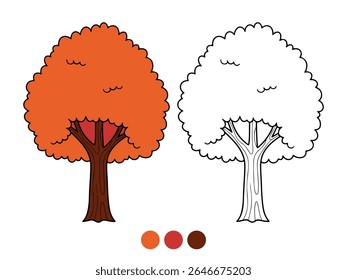Cartoon illustration of an orange autumn tree, both colored and as an outline for coloring. Ideal for children's educational materials, fall themes, or craft activities.