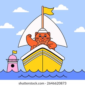Cartoon illustration of an orange cat sailing a yellow boat with a white sail and yellow flag, navigating near a pink lighthouse on a calm sea for nautical, travel, and adventure-themed content