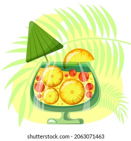 Cartoon illustration orange jucie on a tropical background for postcard, calendar. Cute drawing of fruit juice in a glass