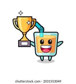 Cartoon Illustration of orange juice is happy holding up the golden trophy , cute style design for t shirt, sticker, logo element