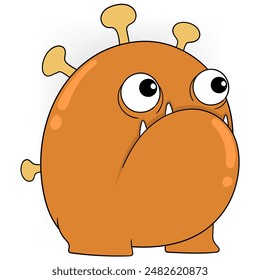 A cartoon illustration of an orange monster virus with large eyes and yellow spikes.