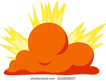 Ilustración de dibujos animados de una nube de hongo naranja que explota con llamas amarillas que se elevan, aisladas sobre un fondo blanco, que representa una explosión nuclear u otra detonación poderosa