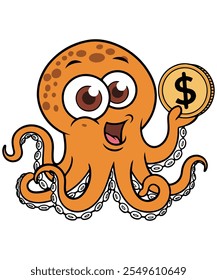 a cartoon illustration of an orange octopus with big, round eyes and tentacles