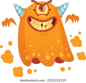 Cartoon illustration of an orange one eyed flying monster with big teeth, horns and angry facial expression, attacking and emanating orange particles