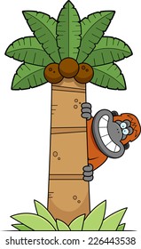 A cartoon illustration of an orangutan in a palm tree.