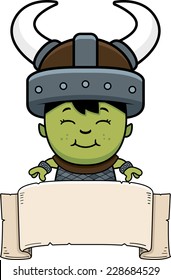 A cartoon illustration of an orc child with a banner.