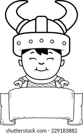 A cartoon illustration of an orc child with a banner.
