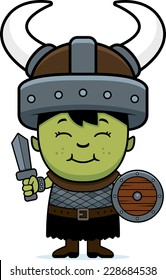 A cartoon illustration of an orc child with sword and shield.
