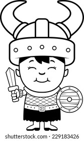 A cartoon illustration of an orc child with sword and shield.