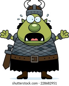 A cartoon illustration of an orc looking scared.