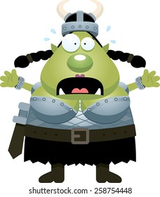 A cartoon illustration of an orc looking scared.
