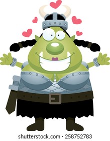 A cartoon illustration of an orc ready to give a hug.