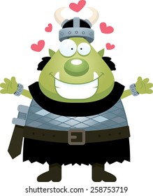 A cartoon illustration of an orc ready to give a hug.