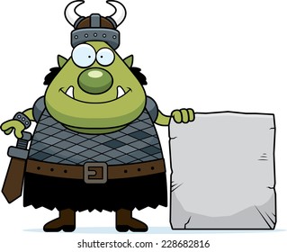 A cartoon illustration of an orc with a stone sign.