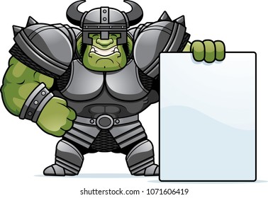 A cartoon illustration of an Orc warrior with a sign.