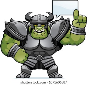 A cartoon illustration of an Orc warrior talking.