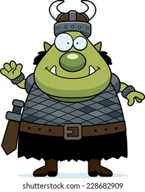 A cartoon illustration of an orc waving.