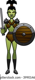 A cartoon illustration of a orc woman ready for battle.
