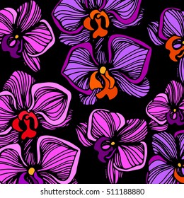 Cartoon illustration of orchid vector icon for. Hand drawn set with orchid flowers. Black and white vector illustration.